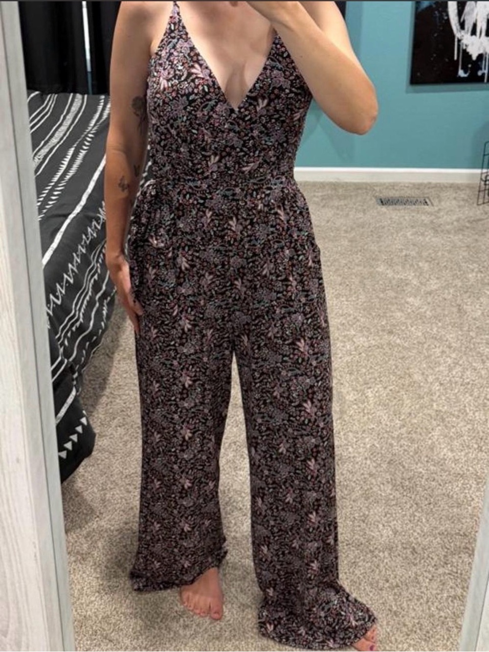 Kaileigh Black Floral V-Neck Wide-Leg Jumpsuit